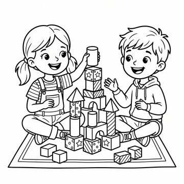 Happy Children Playing With Building Blocks Together On Rug, Boy And Girl Stacking Toys