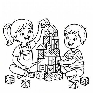 Happy Children Playing With Building Blocks: Kids Building Tower Together and Stacking Toys