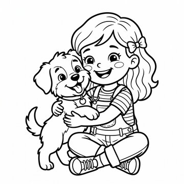 Happy Little Girl Hugging Her Puppy While Sitting Cross-Legged Cute Pet Illustration