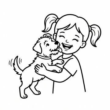 Happy Little Girl Hugging Her Dog Puppy Showing Joyful Pet Love And Friendship