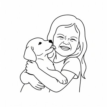 Smiling Little Girl Hugging Her Puppy While Dog Licks Her Face Showing Love And Affection