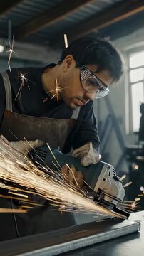 Metalworker using angle grinder on steel plank. Man wearing safety glass and leather apron processes metal part in workshop. Industrial skill and manual labor. Vertical video