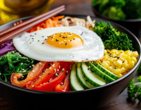 Healthy Korean Inspired Bibimbap Rice Bowl Topped With A Fresh Fried Egg and Fresh Vegetables