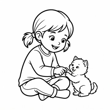 Little Girl Playing With Kitten While Sitting Cross-Legged, Cute Child Pet Interaction
