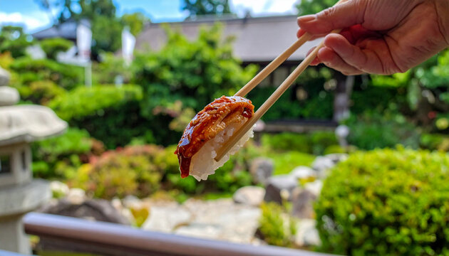 庭園を背景に箸で持ち上げた炙り寿司を箸で食べる
