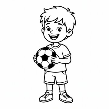 Happy Boy Holding Soccer Ball Cute Child Sports Cartoon Illustration Line Art