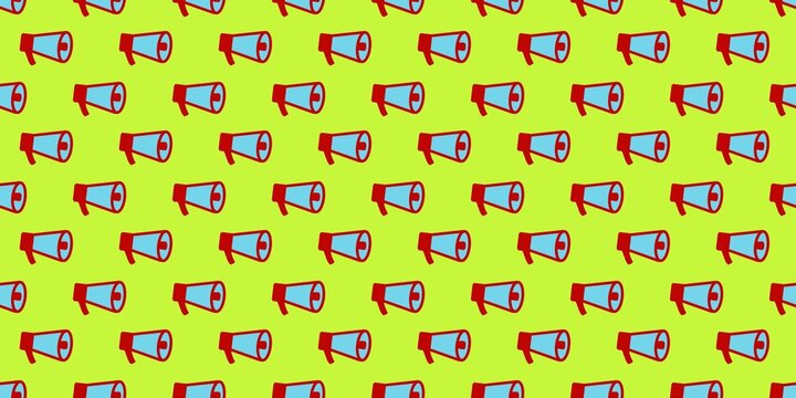 Seamless  pattern with blue and red megaphones on a bright green background. Ideal for marketing, promotion, and communication designs.