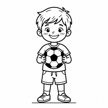 Smiling Boy Holding Soccer Ball &mdash; Black and White Line Art Illustration of Child Playing Sports