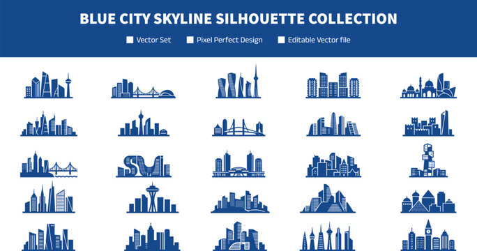 Blue City Skyline Silhouette Collection with Urban Architecture and Metropolitan Building Symbols for Real Estate Graphic Design