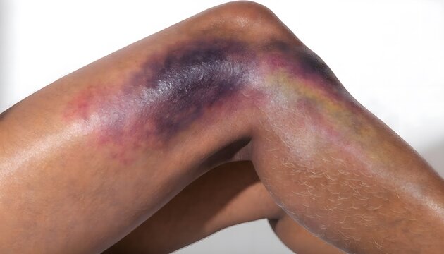 Inner thigh hematoma and skin bruising, clinical medical reference photography on clean background with detailed texture