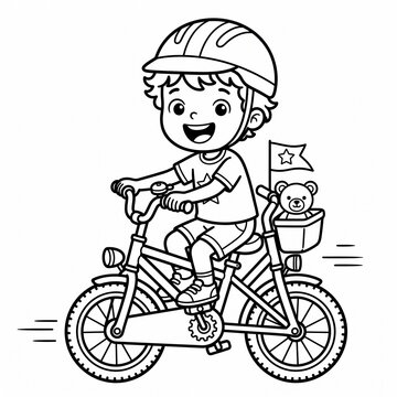 Happy Boy Riding Bicycle With Helmet And Teddy In Basket, Smiling Child Outdoors