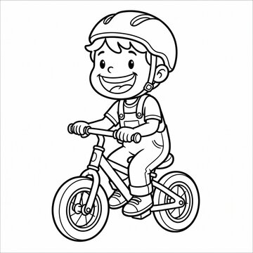 Happy Boy Riding Bicycle With Helmet Cartoon Coloring Page Line Art For Kids Outdoor Activity