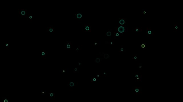 Abstract cyan floating bubbles circle rings loop animation background on black for fresh soap water wash texture, neon underwater chemistry liquid or physics simulation concept.