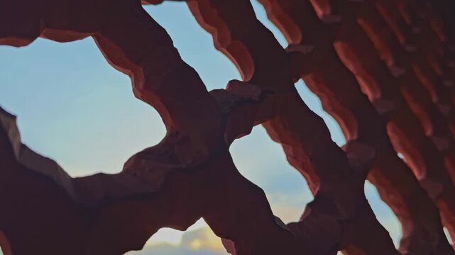 Tracking close up of an intricately carved sandstone jali revealing traditional Indian stone craftsmanship with soft sky visible through the geometric openings