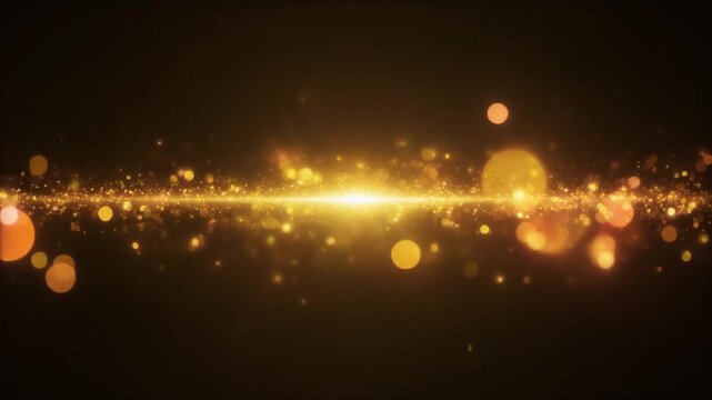 Warm golden horizon glow spreads across deep black background, honey gold, amber, peach light creating cinematic overlay with anamorphic streaks for filmmaking, video editing, motion graphics, copy sp