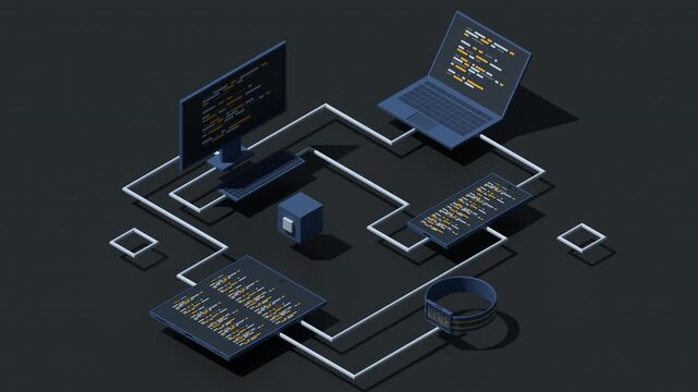 3D isometric transfer data between different devices animation. Synchronizing data between laptop, smartphone, tablet, and PC. Isometric technology. 4K video animated in isometric style