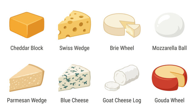 Cheese varieties including cheddar blocks and swiss wedges are displayed in a clean grid layout to showcase common dairy products for culinary applications and food preparation educational purposes.