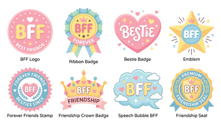 Obraz premium BFF badges and friendship emblems feature colorful designs with hearts and ribbons to celebrate social bonds, loyalty, and affection between best friends in a whimsical and decorative graphic style.