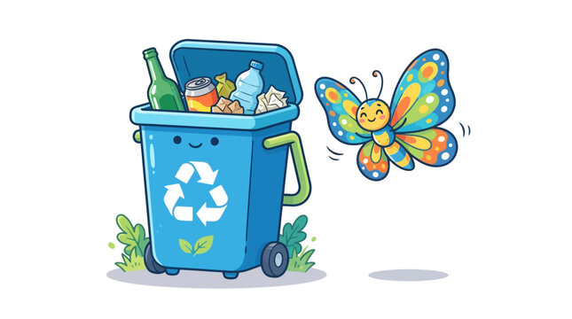 Cute Recycling Bin and Colorful Butterfly Illustration.