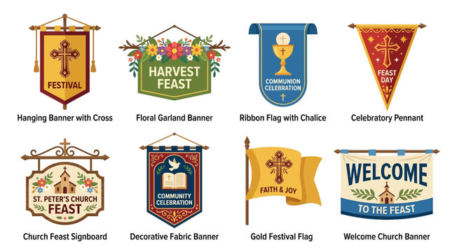 Banners and church signs display religious motifs such as crosses and floral garlands to welcome guests during community feasts, holy celebrations, and traditional parish festivals or events.