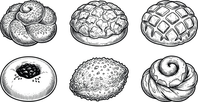 Vintage Engraved Artisan Bakery Varieties Collection Featuring Conchas Sweet Buns Danish and Bread