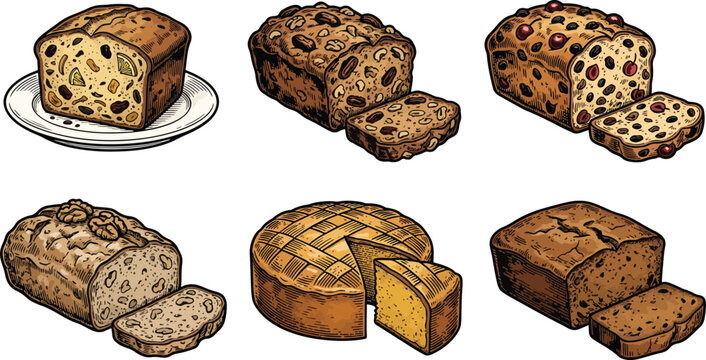 Hand Drawn Vintage Fruitcake And Nut Bread Loaf Vector Illustration Set