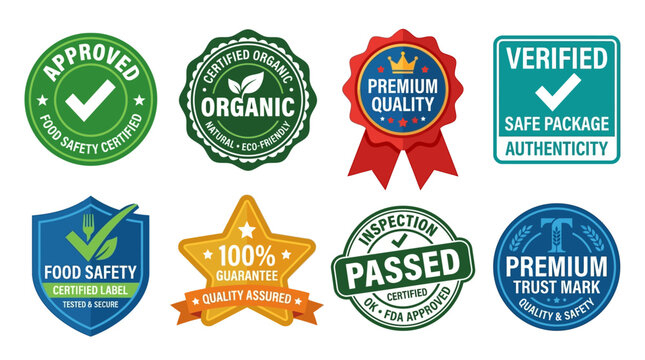 Certificates and labels demonstrate food safety and organic quality assurance through various seal designs that communicate authenticity and trust to consumers in the food production industry.