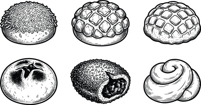 Vintage Engraved Mexican Bakery Breads Collection Featuring Conchas Sweet Rolls and Filled Pastries
