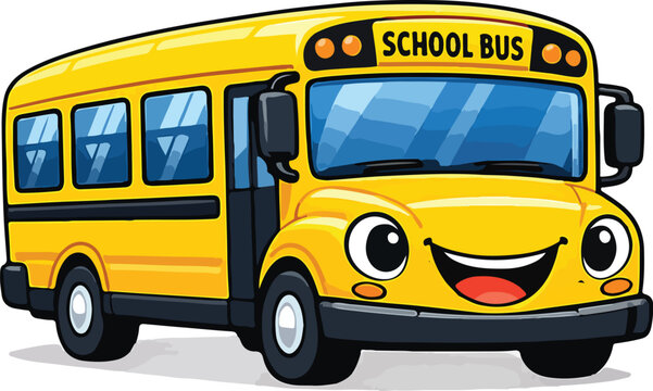 Cute cartoon yellow school bus with smiling face