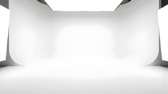 Empty photography studio with white cyclorama wall and professional lighting