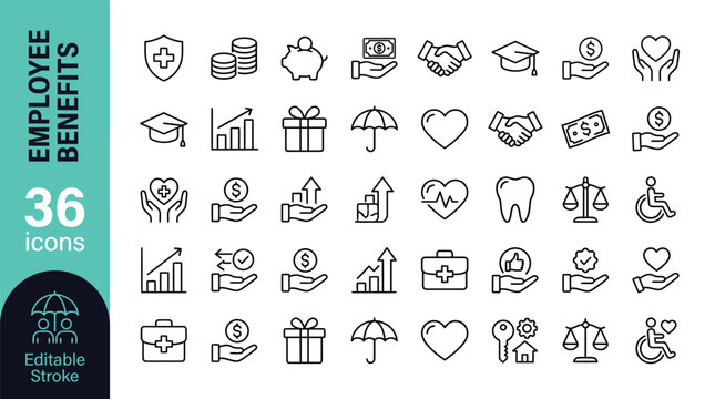 36 employee benefits line icons with editable stroke for HR, workplace, and incentive design projects.