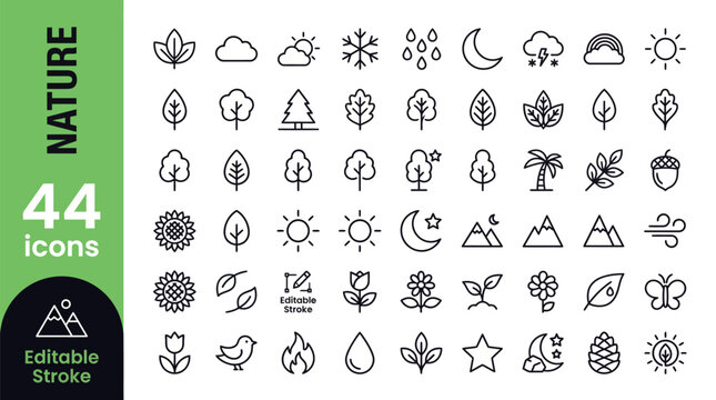 44 nature line icons with editable stroke for environment, ecology, and outdoor design projects.
