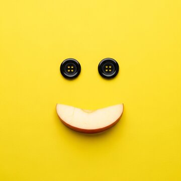 Creative smiley face made from two black sewing buttons and a slice of apple on yellow background.