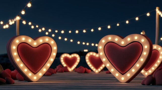Romantic illuminated heart-shaped decoration lights glowing warmly on wooden deck with string lights in cozy evening setting for love celebration and event
