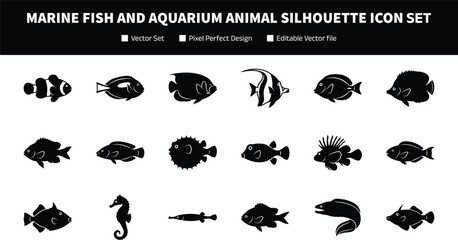 Marine Fish and Aquarium Animal Silhouette Icon Collection with Ocean Life Symbols for Underwater Graphic Design Projects © SunilKumar
