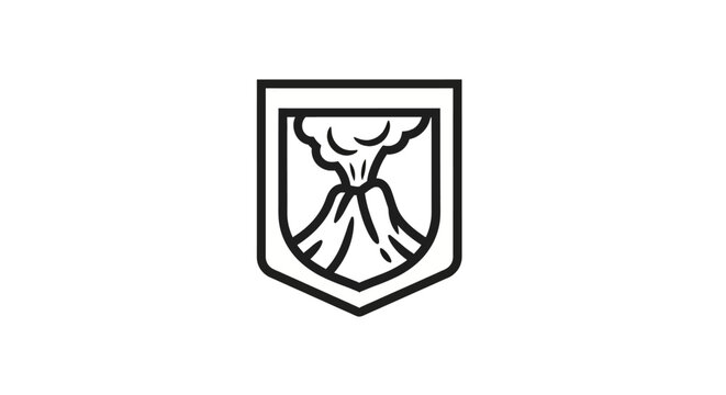 Minimalist volcano eruption icon inside a shield badge