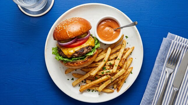 Top view of gourmet cheeseburger with fries on blue table