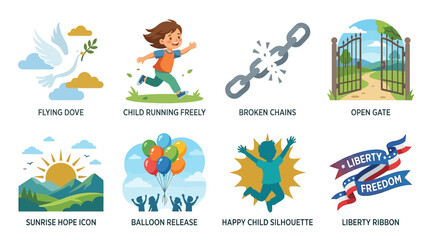 Fototapeta premium Freedom symbols feature a white dove, a running child, broken metal chains, an open gate, a golden sunrise, a colorful balloon release, a happy person silhouette, and a liberty ribbon banner.