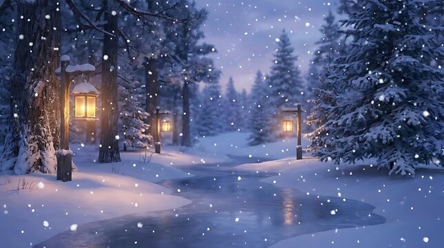 Snowy winter forest path illuminated by glowing lanterns
