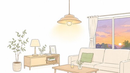 Fototapeta premium 部屋の照明が灯り窓の外に夕焼けが広がる落ち着いたリビングルーム