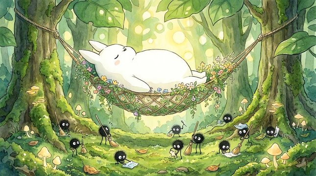 Cute white creature sleeping in hammock, forest, small sprites helping, whimsical illustration