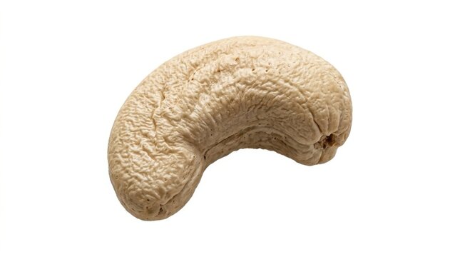 One single raw cashew nut isolated on a clean white background for healthy cooking and vegetarian food photography isolated on white background