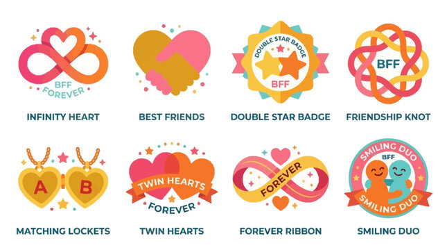 Friendship symbols are showcased in a digital vector set of icons including an infinity heart, best friend handshake, star badge, friendship knot, matching lockets, and a smiling duo emblem.