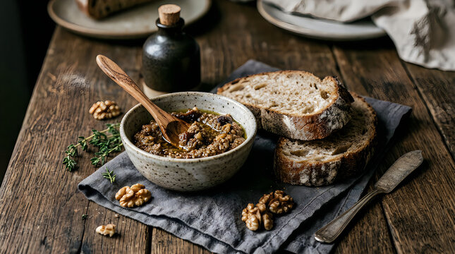 A rustic bowl of homemade walnut tapenade served with fresh sourdough bread slices on a dark weathered wooden kitchen table surface