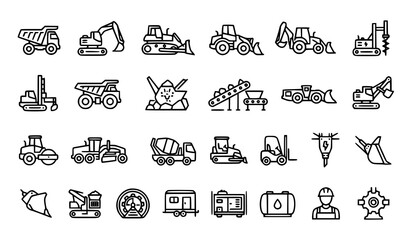 Heavy Construction and Mining Equipment Vector Editable Stroke Icon Set with Excavator Dump Truck and Drill Symbols © Shahinur