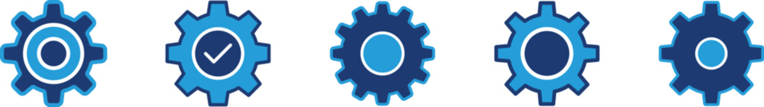 Settings Gear Icon Set Collection, Configuration Cogwheel Symbols, System Preferences, Setup and Control Icons, Minimal Flat Vector Interface Elements, Blue Gearwheel Icons Isolated on White Backgroun