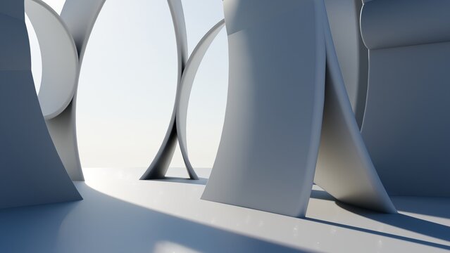 Abstract background 3D render of minimalist white parametric architecture with spiral wave sculptures and daylight shadows