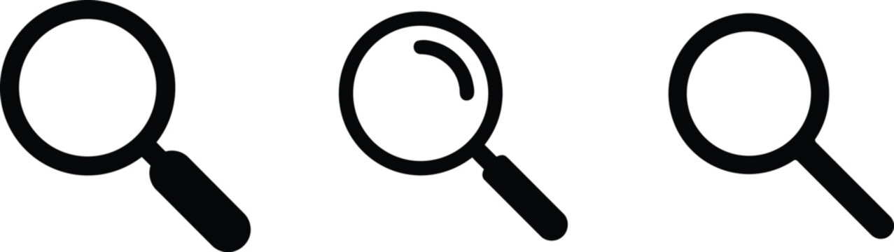 Magnifying Glass Search Icon Set Collection, Minimal Line and Solid Style, Zoom Lens Symbol, Find Search Tool, Inspection Interface Icon Pack, Black White and Blue Vector Isolated on White Background