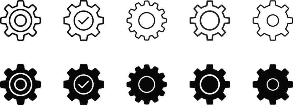 Settings Gear Icon Set, Cogwheel Configuration Symbols, System Preferences UI Icons, Mechanical Gear Vector Collection, Settings Interface Line and Glyph Icons Isolated on White Background