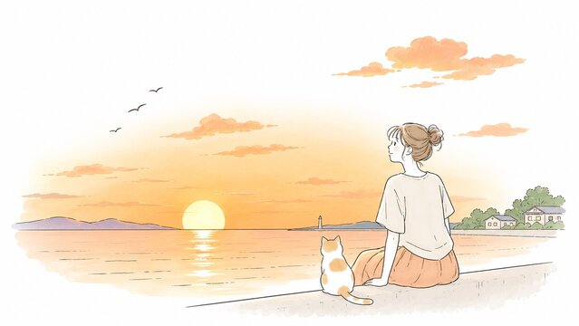 夕焼けの海辺で堤防に座って猫と共に美しい夕日を眺める女性のイラスト